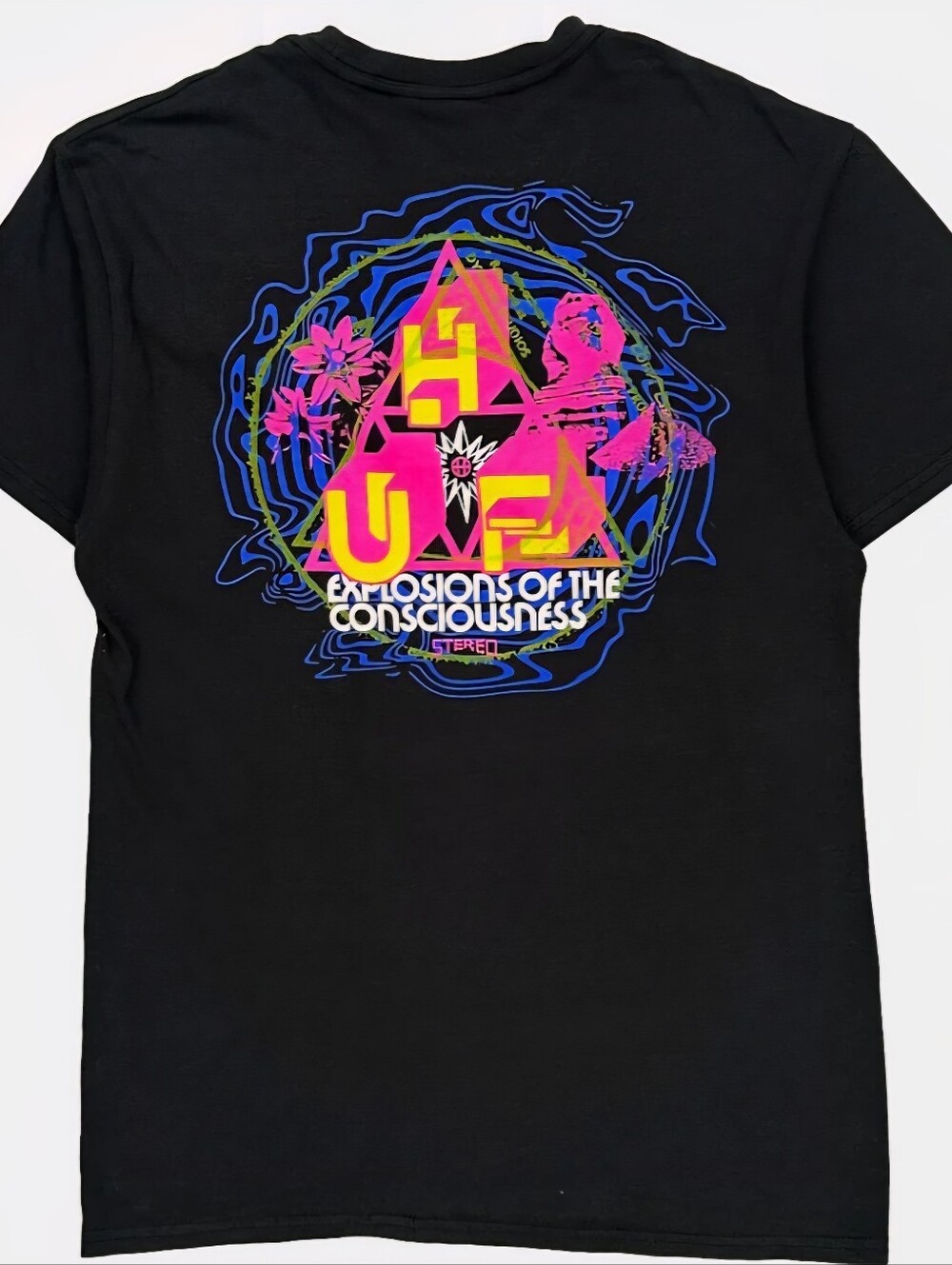 HUF Black Graphic Men’s T-Shirt with Neon Prism Print